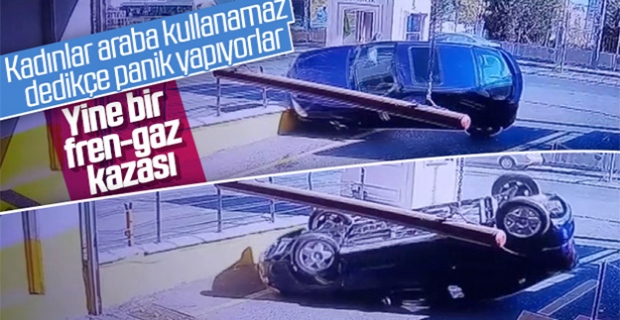 Fren yerine gaza basan kadın sürücü takla attı