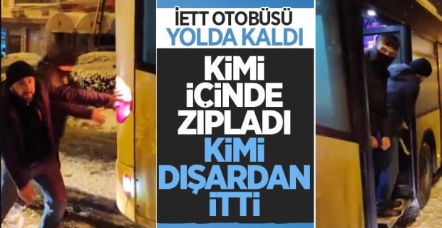 Esenyurt'ta yolcular, yolda kalan İETT otobüsünün hareket etmesi için zıpladı